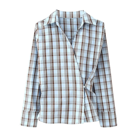Chemisier À Carreaux Chemise Pour Femmes Polyester Manches Longues Col En V Double Boutonnage Mode Chic Haut
