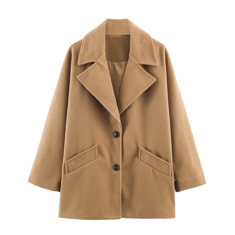 Damen Wollmischung Mantel Reverskragen Lockere Passform Einreihig Casual Eleganter Outerwear Mit Taschen Camel Einfarbig