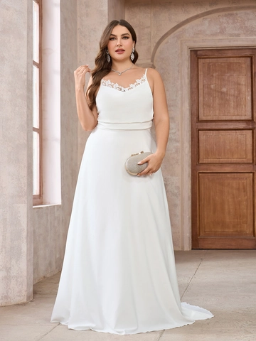 Vestido De Novia Talla Grande Blanco Satén Encaje Cuello Hamaca Tirantes Finos Elegante Largo Vestido De Fiesta
