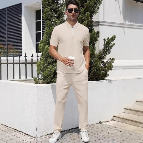 Polo À Manches Courtes Avec Fermeture Éclair Et Pantalon Droit Pour Homme Polyester Spandex Été Sportif Respirant