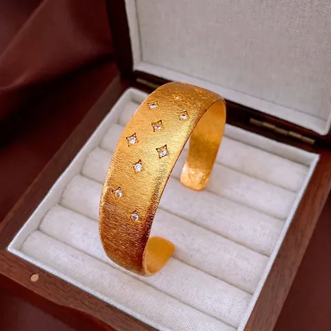 Open Cuff Bracelet Copper 18K Gold Plated Zircon Star Motif Matte Brushed Texture Fashion Minimalist Jewelry For Women