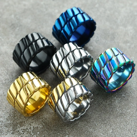Punk Titanstahl Ring Minimalistisches Industrie Reifenprofil Muster Breite Band Ring Für Herren Damen Individueller Modeschmuck