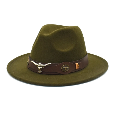 Vintage Wide Brim Fedora Hat Wool Felt Western Cowboy Style With Bull Head Leather Band Retro Jazz Cap For Women