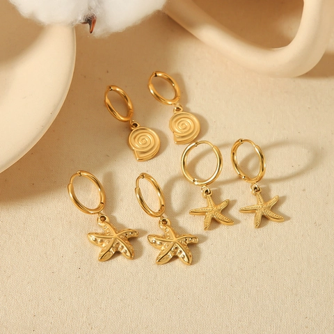 Boucles Oreilles Créoles Océan Étoile Mer Coquillage Acier Inoxydable Plaqué Or 18K Étanche Élégant Bijoux Été