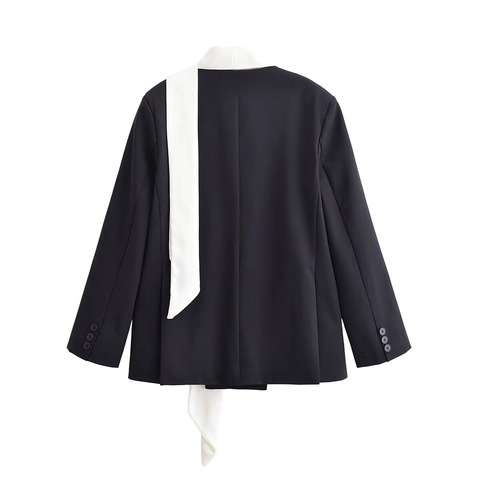 Chaqueta Blazer De Mujer Poliéster Color De Contraste Bufanda Lazo Solapa Minimalista Oficina Casual