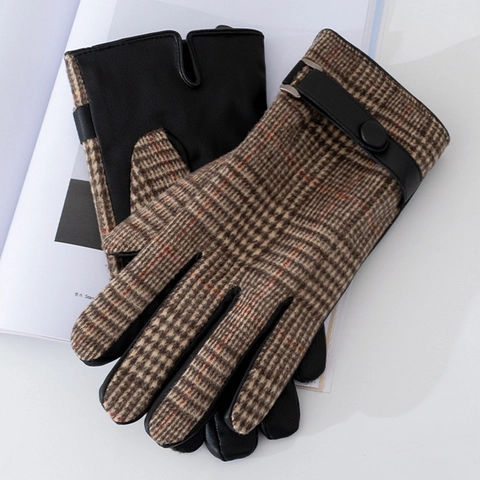Men Winter Gloves Woolen Plaid PU Leather Touch Screen Warm Fleece Lined Business Casual British Style Windproof
