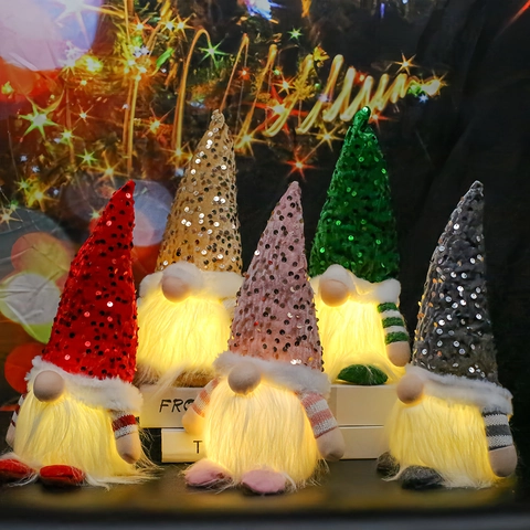 Gnomo Di Natale Peluche Bambola Senza Volto Luminoso LED Cappello Con Paillettes Rudolph Tomte Decorazione Tavolo Festa