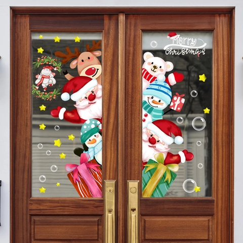 Christmas Window Stickers Static Clings Santa Claus Reindeer Snowman Pattern Removable PVC Film Glass Door Home Decor