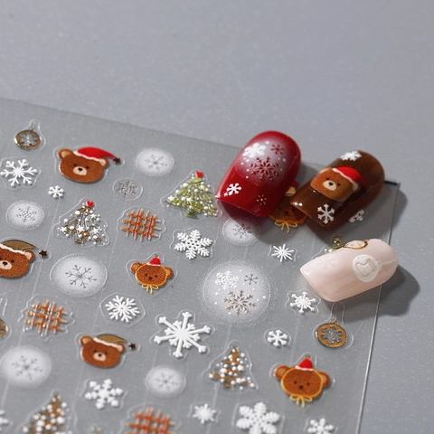 Christmas Nail Stickers 3D Relief Embossed Cartoon Bear Snowflakes Tree Self Adhesive DIY Festive Nail Art Decoration For Women