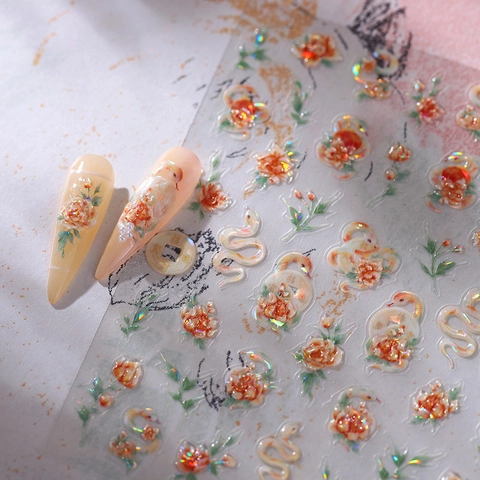 3D Embossed Nail Art Stickers Laser Iridescent Retro Rose Flower Snake Chinese Coin Self Adhesive Vintage Manicure Decals