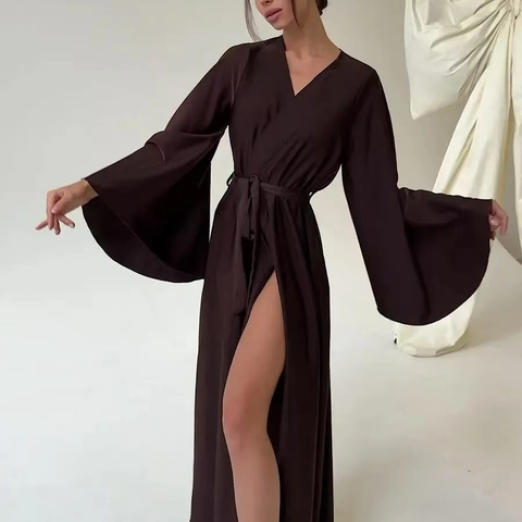 Bata De Satén Para Mujer Camisón Largo Mangas De Campana Cuello En V Abertura Alta Ropa De Dormir Elegante