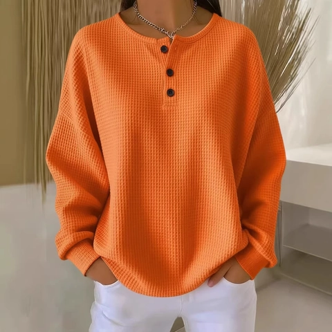 Henley-Shirt Damen Waffelstrick Langarm Rundhals-Ausschnitt Pullover Einfarbig Locker Lässiges Oberteil