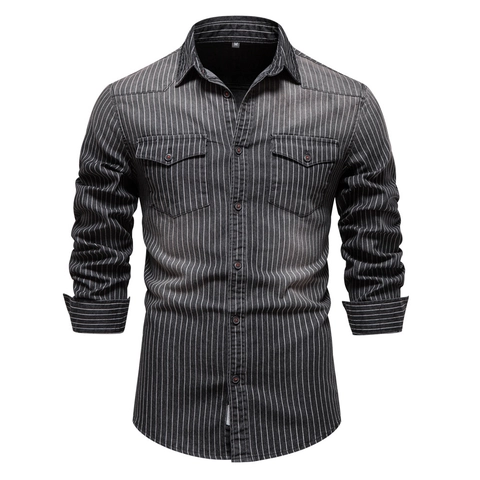 Mens Long Sleeve Denim Shirt Washed Distressed Vertical Striped Slim Fit Double Pockets Cotton Casual Lapel Tops