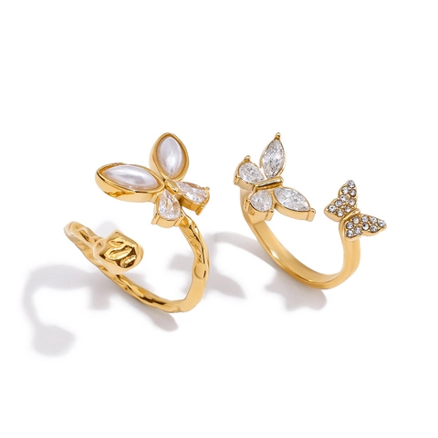 Anillo Abierto De Mariposa De Acero Inoxidable Chapado En Oro De 18K Con Perla Artificial Y Circonita Blanca Para Mujer
