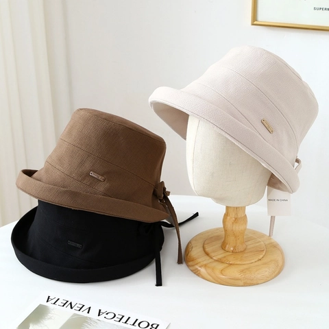 Japanese Style Women Bucket Hat Cotton Linen Breathable Sun Protection Elegant Solid Color Summer Travel Accessory