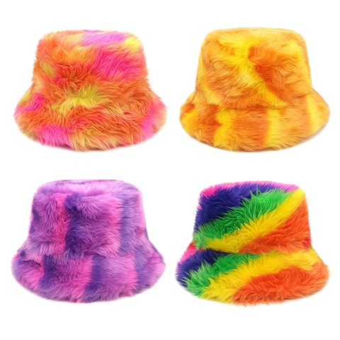 Dames Vissershoed Kunstbont Warm Winter Pluche Regenboog Tie Dye Schaakbord Outdoor Mode Zachte Hoed