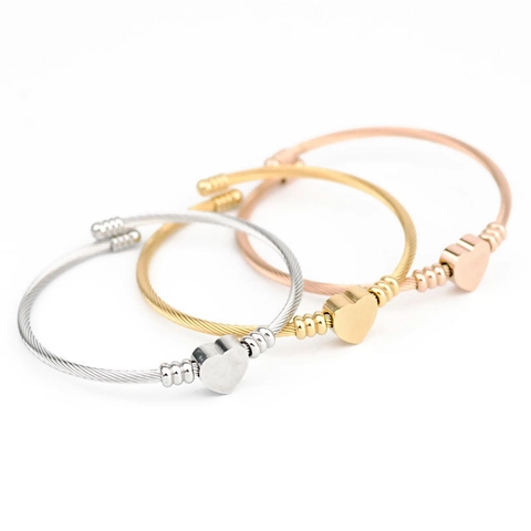 Stainless Steel Heart Bangle Twisted Cable Wire Open Adjustable Cuff Fashion Jewelry For Women Elegant
