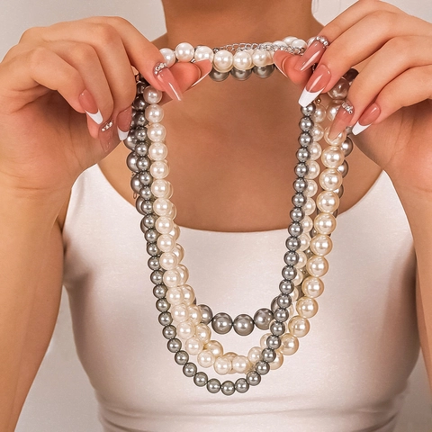 Franse Stijl Kunstparelketting Voor Dames High End Light Luxury Roestvrij Staal 18K Verguld Grijs Wit Glasparels Elegant