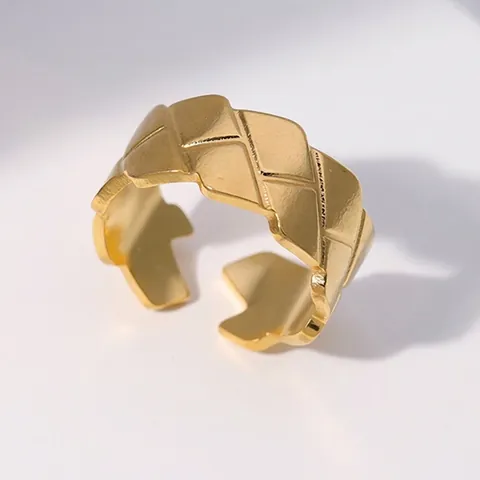 Stainless Steel Open Ring Quilted Geometric Adjustable Weave Pattern Minimalist Jewelry For Women Men