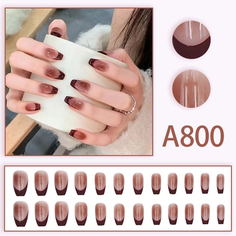 Uñas Postizas French Gradient Long Coffin Nude Pink Brown Resin Glossy Para Mujeres Elegante Removible