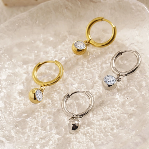 Boucles D'oreilles Créoles En Acier Inoxydable Avec Pendentif En Zircone Ronde Bijoux Géométriques Tendance Pour Femmes