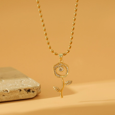 Eleganter Edelstahl Rose Blume Anhänger Halskette Für Damen Gold Vergoldet Perlenkette Strass Eingelegt Mode Schmuck Geschenk