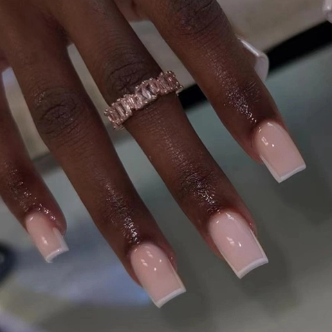 French Tip Press On Nails Square Nude Pink White Edge Glossy Resin False Nails DIY Manicure Women