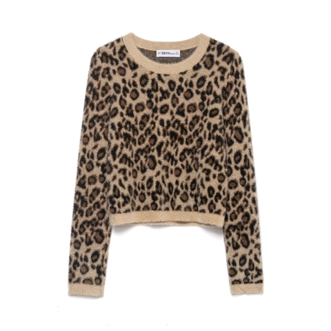 Leopard Print Strickpullover Kunstpelz Rundhals Langarm Cropped Pullover Lässige Mode Oberbekleidung Jumper Für Damen