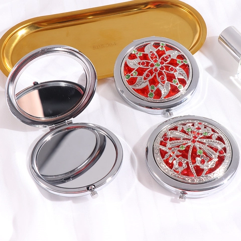 Vintage Metal Hollow Peacock Dragonfly Folding Pocket Makeup Mirror Rhinestone Portable Double Sided Compact Mirror For Women