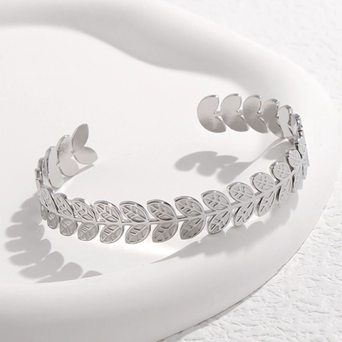Bracciale A Polsino Foglia Acciaio Inossidabile Regolabile Aperto Forma C Ramoscello Ulivo Gioielli Eleganti Donna Oro