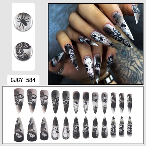 Halloween Matte Künstliche Nägel Lange Stiletto Gotische Spinnennetz Totenkopf Muster Schwarz Weiß Verlauf Falsche Nägel