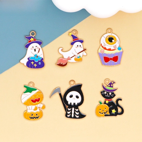 Cartoon Halloween DIY Alloy Enamel Ghost Pumpkin Black Cat Skeleton Charms For Jewelry Making Keychain Necklace Pendant