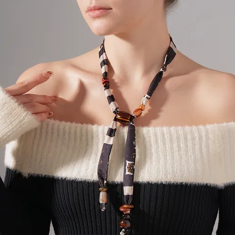 Collana Bohémien In Tessuto A Righe Con Perline In Legno E Resina Lunga Catena Stile Etnico Gioielli Da Donna
