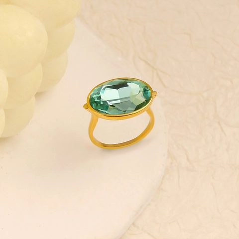Vintage Oval Grüner Kristall Statement Ring Luxus Vergoldeter Edelstahl Minimalistischer Fingerschmuck Mode Für Damen