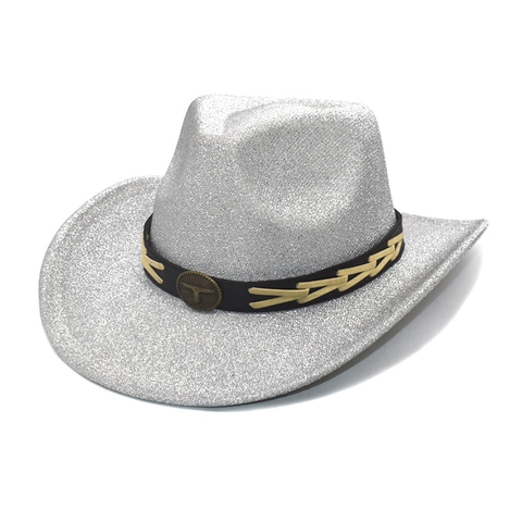 Glitter Westerse Cowboyhoed Met Stierenkop Badge Katoen Polyester Breedgerande Jazz Fedora Hoed Voor Feeststijl