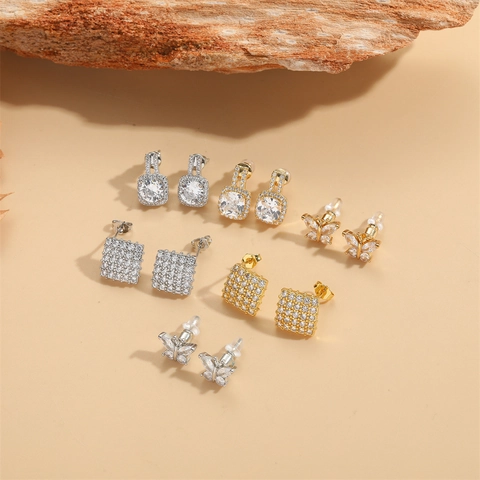 French Vintage Zirconia Stud Earrings Square Butterfly Design Copper Gold Silver Plated Fashion Jewelry For Women Party Gift