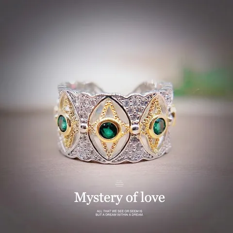 Französisches Vintage Smaragdgrün Zirkonia Schmuckset Kupfer Zweifarbig Gold Silber Hohles Stern Mond Auge Ring Und Ohrstecker