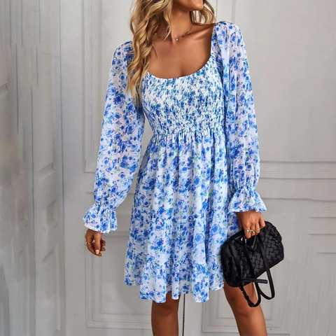 Vestido Corto Con Estampado Floral Cuello Cuadrado Manga Larga Fruncido Dobladillo Con Volantes Casual Línea A Mujer