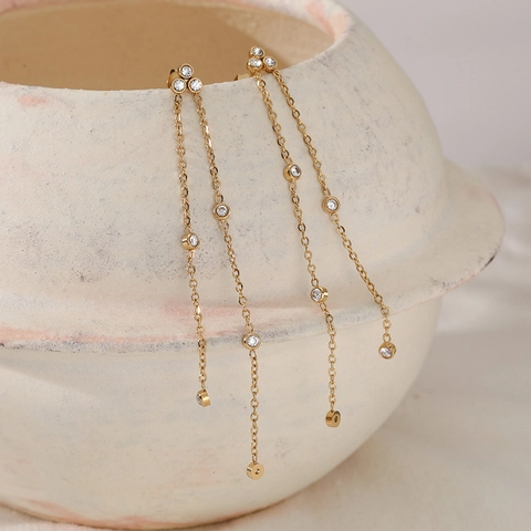 Lange Quasten Ohrringe Edelstahl Zirkon Doppel Kette Hängen Elegant Schmuck Für Frauen Ästhetisch Geometrisch PVD Plattiert