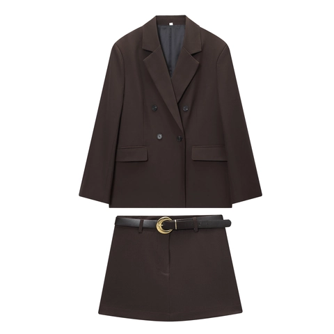 Blazer Doppio Petto E Gonna Pantalone Con Cintura Marrone Scuro Tinta Unita Elegante Ufficio Per Donna