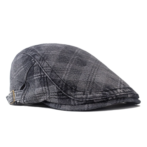 Ivy Cap Vintage Gewassen Denim Katoen Rhombic Jacquard Platte Pet Verstelbare Gesp Britse Stijl Casual Heren
