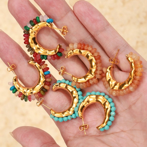 Bohemian Titanium Steel C-Shaped Hoop Earrings For Women Inlaid Natural Turquoise Yellow Agate Colorful Stones Minimalist Fashion Jewelry