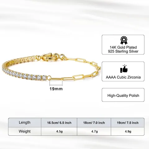925 Sterlingsilber Zirkonia Patchwork Armband 14K Vergoldet Tennis Kette Büroklammer Kette Armband Schmuck Für Damen Geschenk