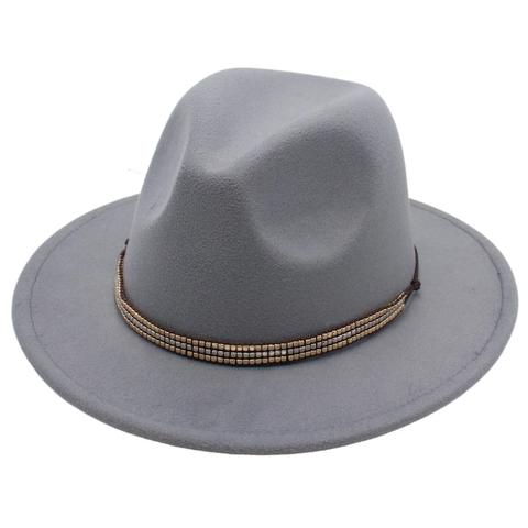 Fedora Hat Woolen Felt Wide Brim Retro Jazz Cap With Triple Row Metallic Bead Band British Style For Women Men