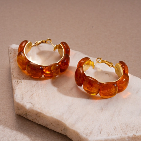 Vintage Amber Resin Hoop Earrings For Women Retro Geometric Brown Tortoiseshell Style Fashion Jewelry Gift