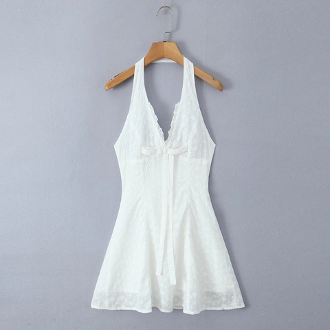 Women Halter Mini Dress White Lace Embroidery V Neck Backless Bow Detail Sleeveless Sexy Elegant Summer Vacation A Line