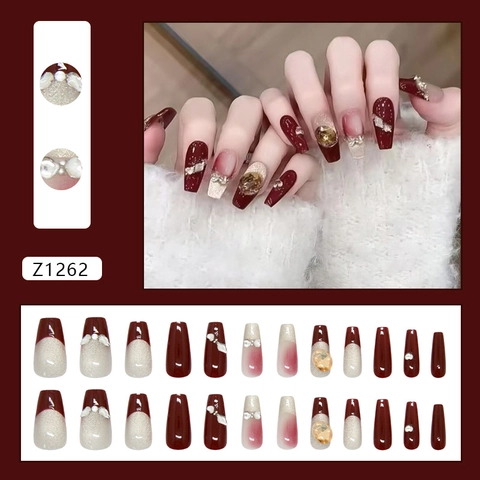 Unghie Finte Press On Coffin Lunghe Rosso Vino Occhio Di Gatto Glitter Francese Strass Farfalla Lusso Eleganti Donne