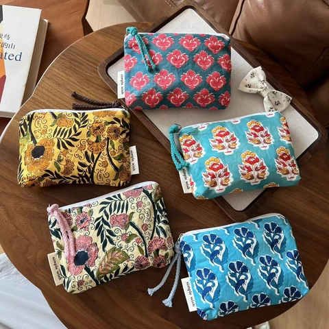 Vintage Floral Block Print Cotton Mini Coin Purse Zippered Card Holder Sanitary Napkin Storage Pouch For Women