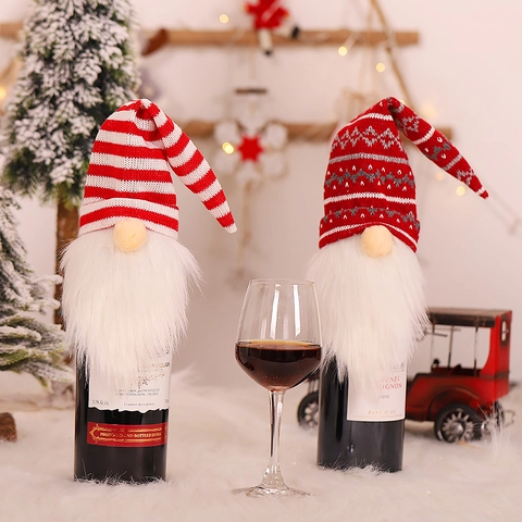 Christmas Gnome Wine Bottle Covers Knitted Fabric Swedish Tomte Faceless Old Man Holiday Table Dinner Decor Nordic Style
