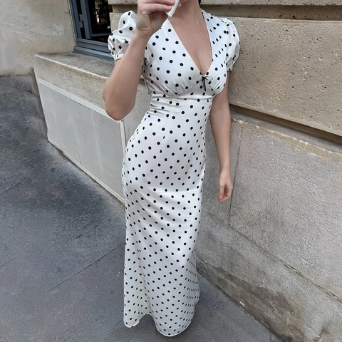 Vestito Lungo A Pois Da Donna Scollo A V Maniche A Sbuffo Vestibilità Aderente Raso Di Poliestere Vita Annodata Sexy